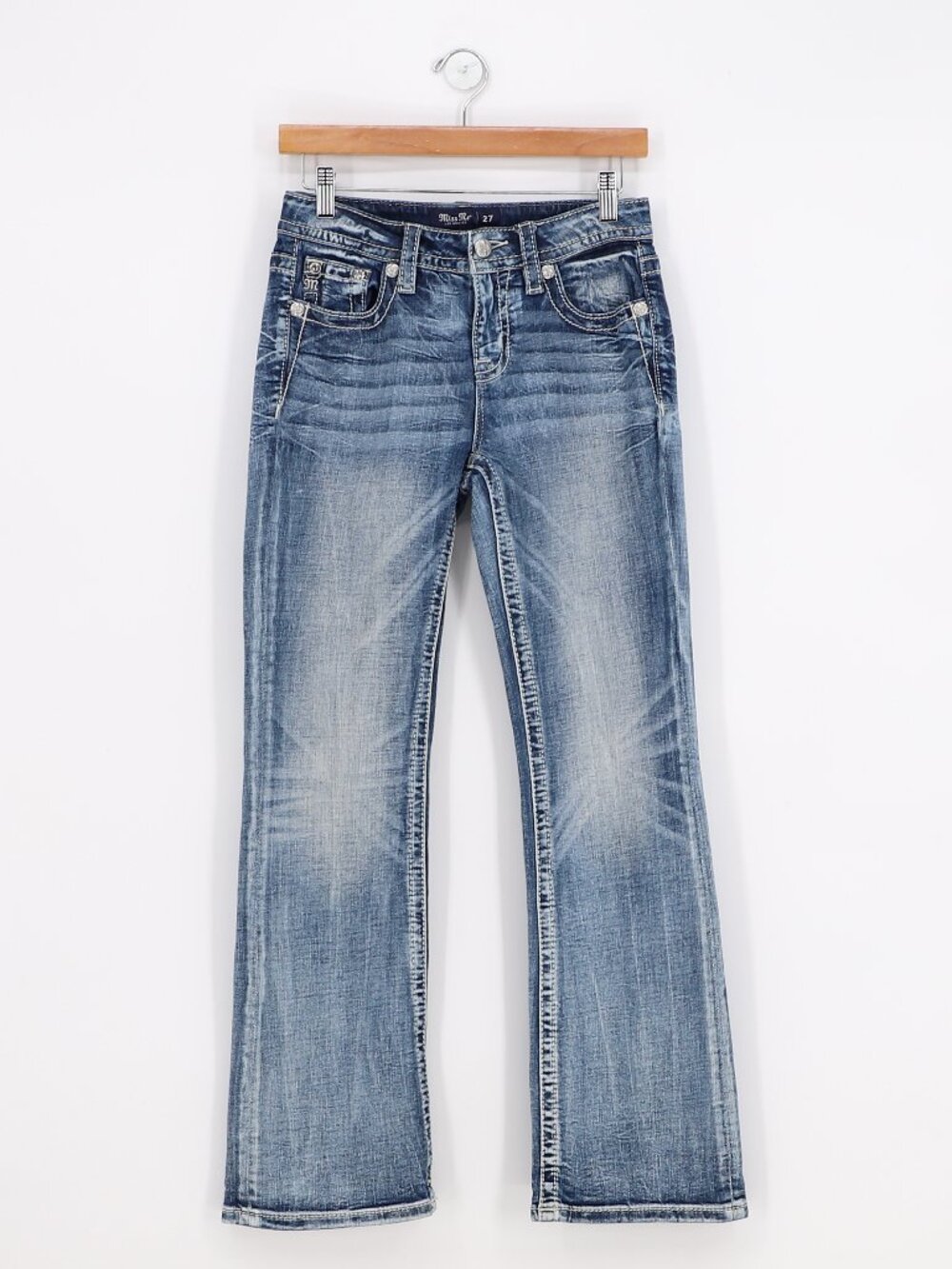 MISS ME Mid-Rise Boot Jean Horseshoe in Light Blue Size 27